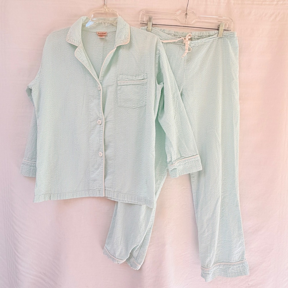 BedHead Pajamas Set Womens Small Mint Green Seersucker Striped Button Up PJs